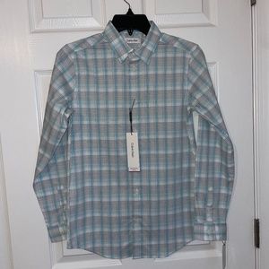 Calvin Klein Aqua Plaid Slim Fit Stretch Dress Shirt Size 16 Reg NWT